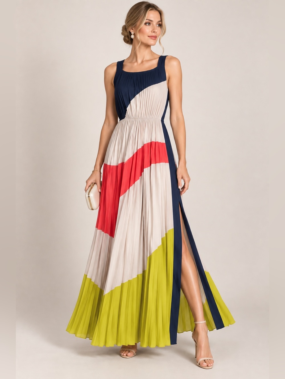BCBGMaxAzria Runway Pleated Colorblock Maxi Dress in Navy Coral Lime Artsy Sz XS